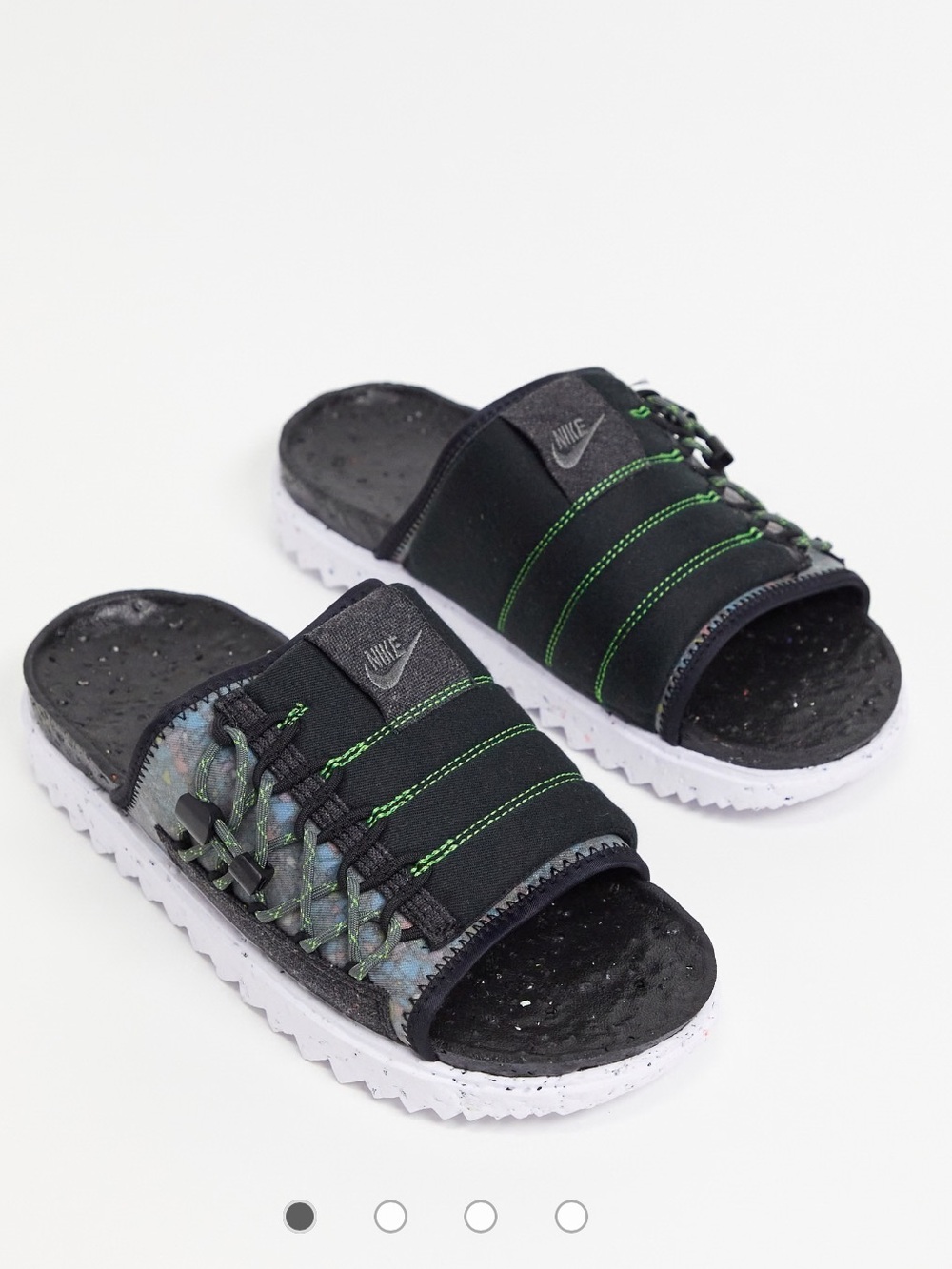 Nike Asuna Black Slide Sandals with Green Stitching and White Crater Sole